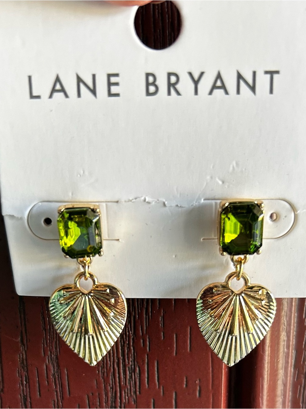 Lane Bryant Gold Heart Earrings with Olive Green Gem